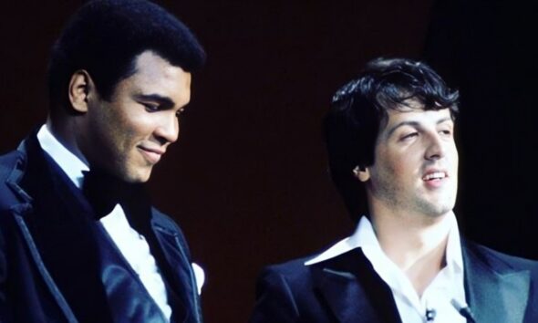 Sylvester Stallone stands beside Muhammad Ali during an Oscars appearance at the height of Rocky's success in Hollywood