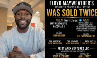 Floyd Mayweather alongside a graphic detailing claims connected to proposed boxing events involving Manny Pacquiao and Mike Tyson
