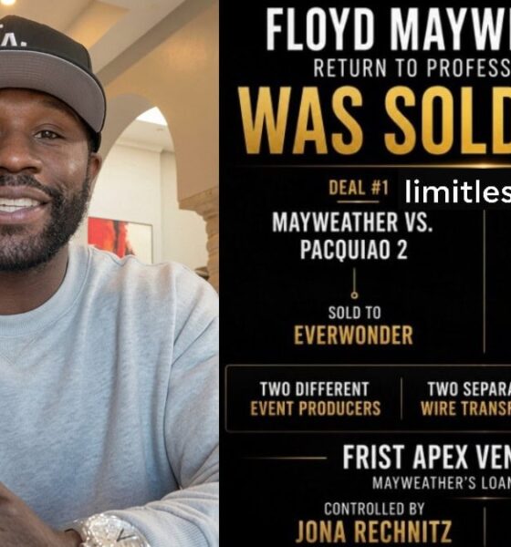Floyd Mayweather alongside a graphic detailing claims connected to proposed boxing events involving Manny Pacquiao and Mike Tyson