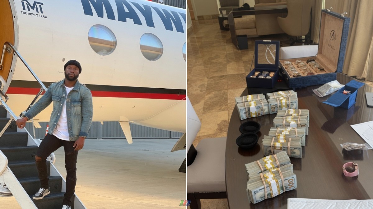 Floyd Mayweather stands beside a private jet while stacks of cash and luxury watches sit on a table amid growing scrutiny over the boxer's finances