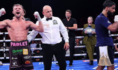 Padley celebrates his narrow victory over Fiaz. Photo: Mark Robinson Matchroom Boxing
