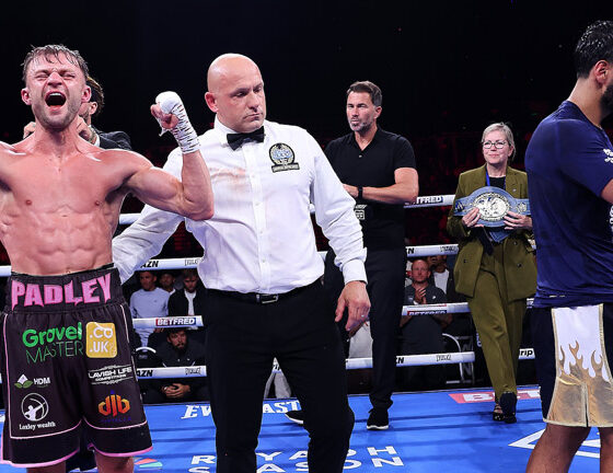 Padley celebrates his narrow victory over Fiaz. Photo: Mark Robinson Matchroom Boxing