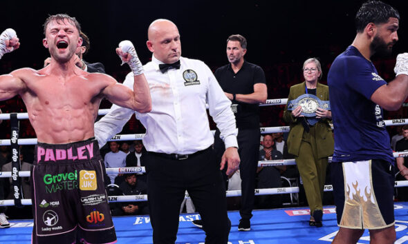 Padley celebrates his narrow victory over Fiaz. Photo: Mark Robinson Matchroom Boxing
