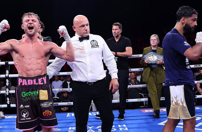 Padley celebrates his narrow victory over Fiaz. Photo: Mark Robinson Matchroom Boxing