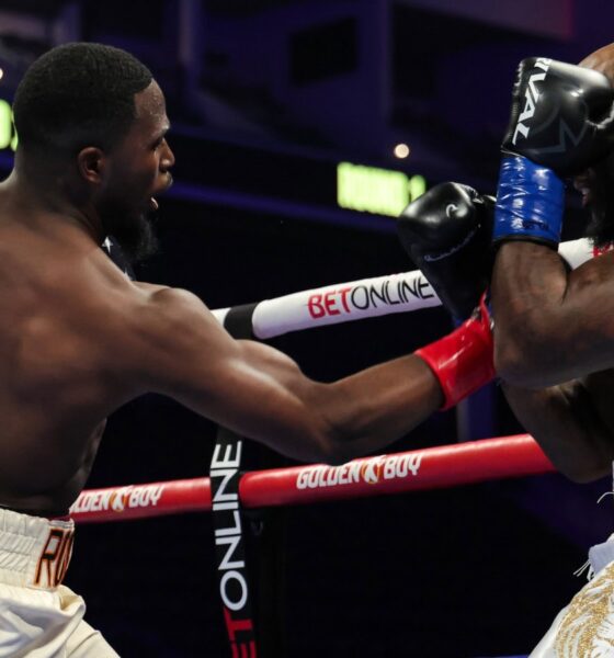 Joshua Edwards lands a right hand during his heavyweight bout against Garreth Payton on the Oscar Collazo undercard in California