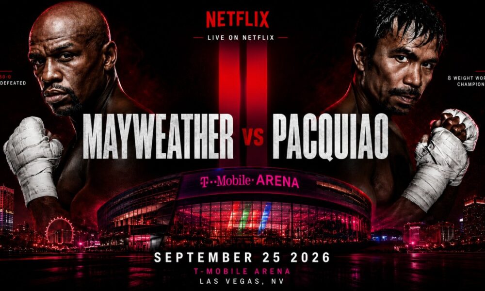 Floyd Mayweather and Manny Pacquiao face off in a promotional image featuring the T-Mobile Arena in Las Vegas and Netflix branding ahead of a proposed September 25 rematch