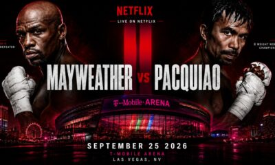 Floyd Mayweather and Manny Pacquiao face off in a promotional image featuring the T-Mobile Arena in Las Vegas and Netflix branding ahead of a proposed September 25 rematch