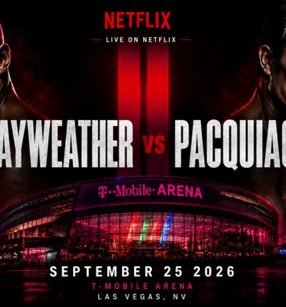 Floyd Mayweather and Manny Pacquiao face off in a promotional image featuring the T-Mobile Arena in Las Vegas and Netflix branding ahead of a proposed September 25 rematch
