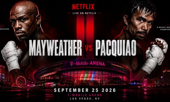 Floyd Mayweather and Manny Pacquiao face off in a promotional image featuring the T-Mobile Arena in Las Vegas and Netflix branding ahead of a proposed September 25 rematch