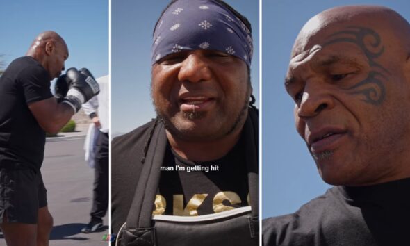 Mike Tyson trains outdoors ahead of a potential return at age 60, with the former heavyweight champion shown shadowboxing, speaking during a workout, and preparing for another intense training session amid uncertainty over his next opponent