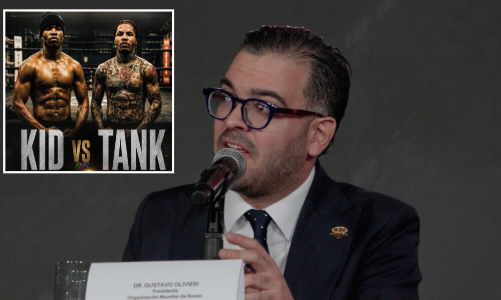 Gustavo Olivieri speaks as Floyd Schofield and Gervonta Davis are shown in an inset image amid a WBO response to deleted social media claims