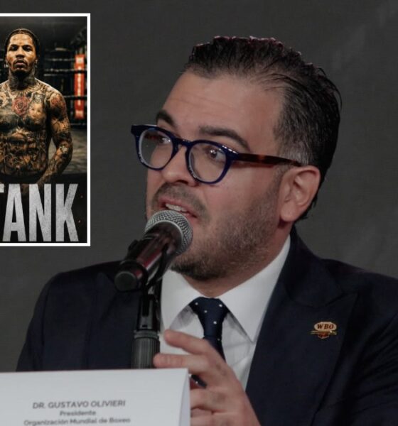 Gustavo Olivieri speaks as Floyd Schofield and Gervonta Davis are shown in an inset image amid a WBO response to deleted social media claims