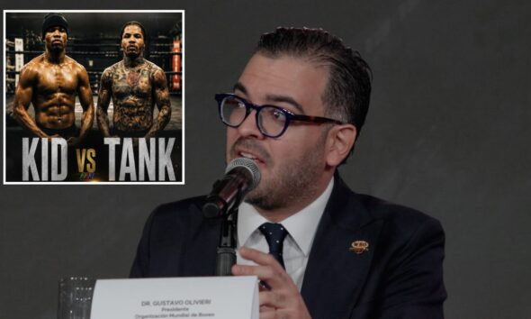 Gustavo Olivieri speaks as Floyd Schofield and Gervonta Davis are shown in an inset image amid a WBO response to deleted social media claims