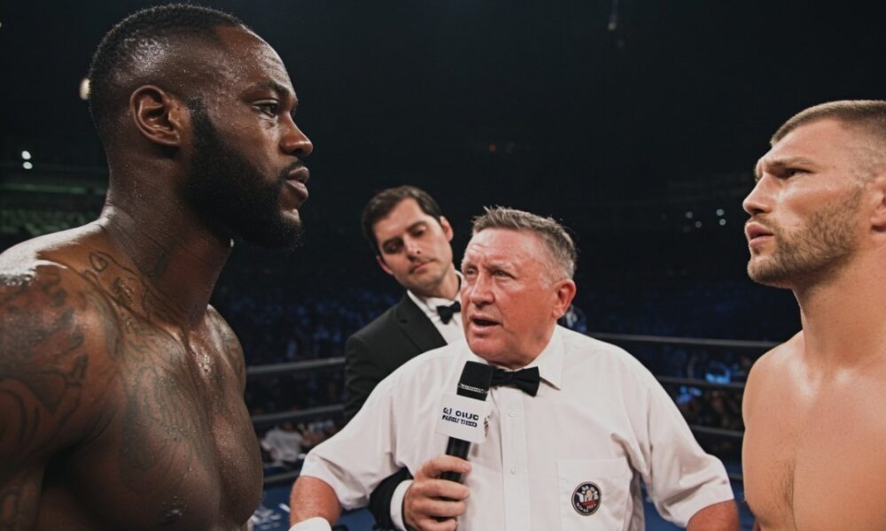 Deontay Wilder and Evgeny Romanov face off in the ring before their amateur bout, with a referee standing between the two fighters during the pre-fight instructions