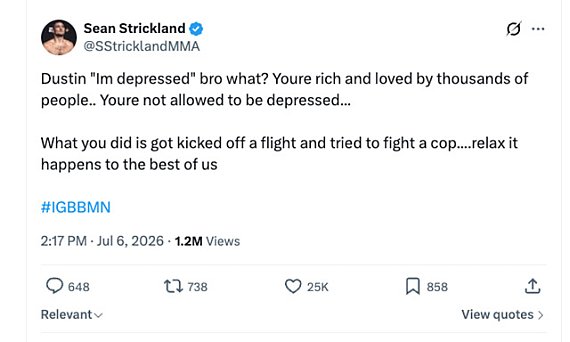 Sean Strickland criticizes Dustin Poirier&rsquo;s depression comments after arrest