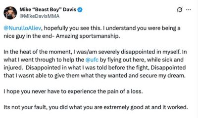 Mike Davis apologizes to Nurullo Aliev after UFC Abu Dhabi outburst