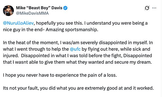 Mike Davis apologizes to Nurullo Aliev after UFC Abu Dhabi outburst