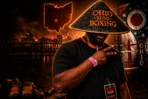 Illustration of Ohio Runs Boxing wearing a traditional conical hat pulled low over his face while standing inside a dramatic boxing gym with Ohio-themed elements, symbolizing Ohio's rich boxing culture and grassroots fight community.